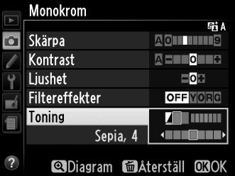 A Filtereffekter (endast Monokrom) Menyalternativen simulerar en färgfiltereffekt på monokroma fotografier. Du kan välja följande filtereffekter: Alternativ Beskrivning Y Gul Förbättrar kontrasten.