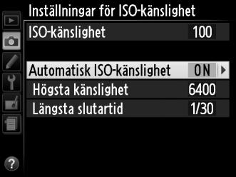 När På är valt justeras ISO-känsligheten automatiskt om det inte går att få optimal exponering med värdet som användaren har valt (ISO-känsligheten justeras i lämplig grad när blixten används).