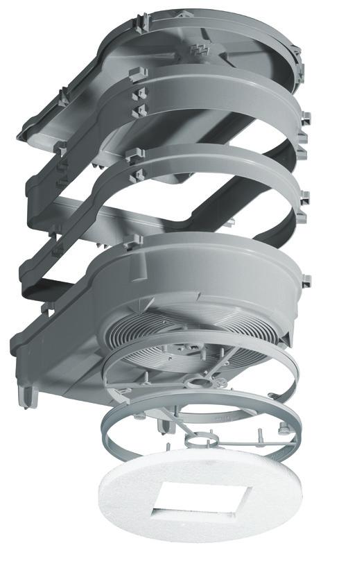 Ingjutningsbox för belysning och högtalare Ø 290 För prefabricerade tak och väggar För tak- och väggtjocklekar från 160 mm Baksida Mellanram, 50 mm Mellanram, 25 mm Inbyggnadsdjupet för belysning och