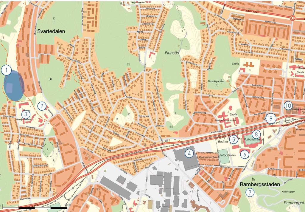 1 Brf Långströmsparken 2 Förskola 3 Skola 4 Volvo området Lundby 5 Lundbybadet 6 Ishall 7 Ramberget utsiktspunkt