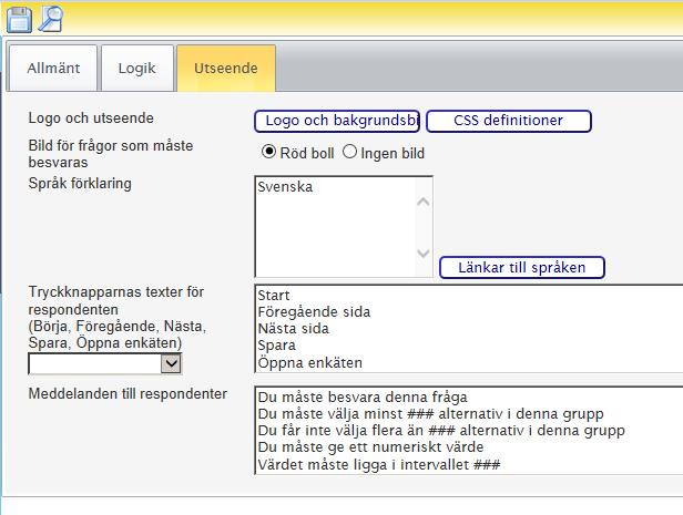 Loggor Under fliken Utseende finns inställningar som förändrar enkätens layout. Vi ska i detta moment koncentrera oss på att lägga in skolans logga i enkäten.