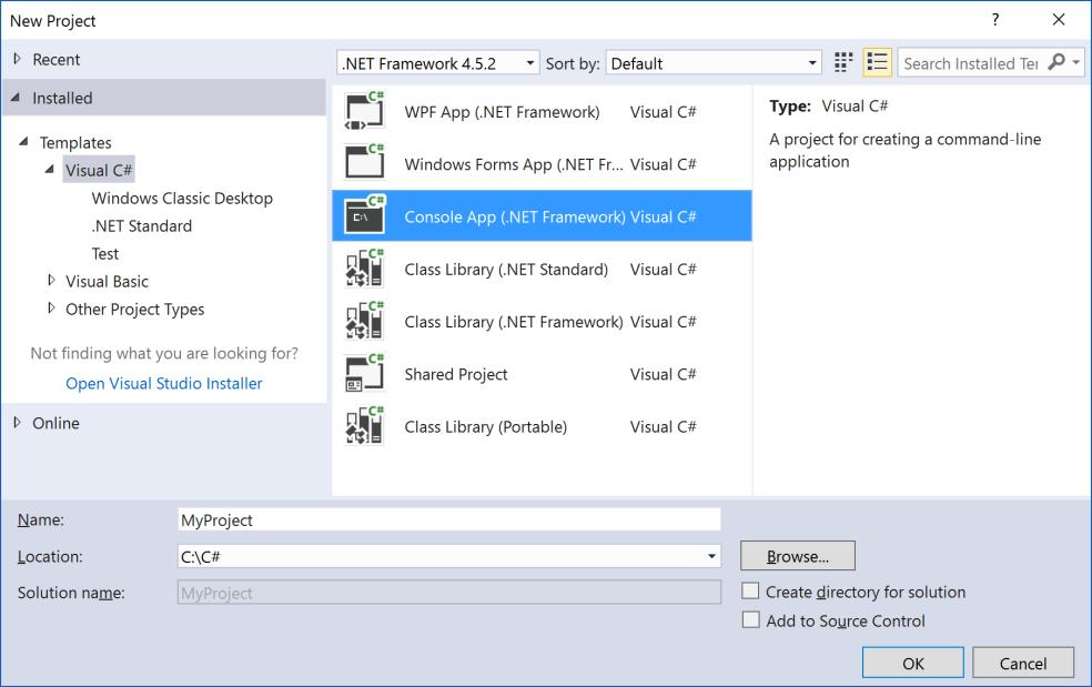 Markera Visual C# i den vänstra kolumnen under Recent - Installed - Templates. Då får du i fönstret i mitten ett antal alternativ. Markera bland dem Console App (.NET Framework) Visual C#.