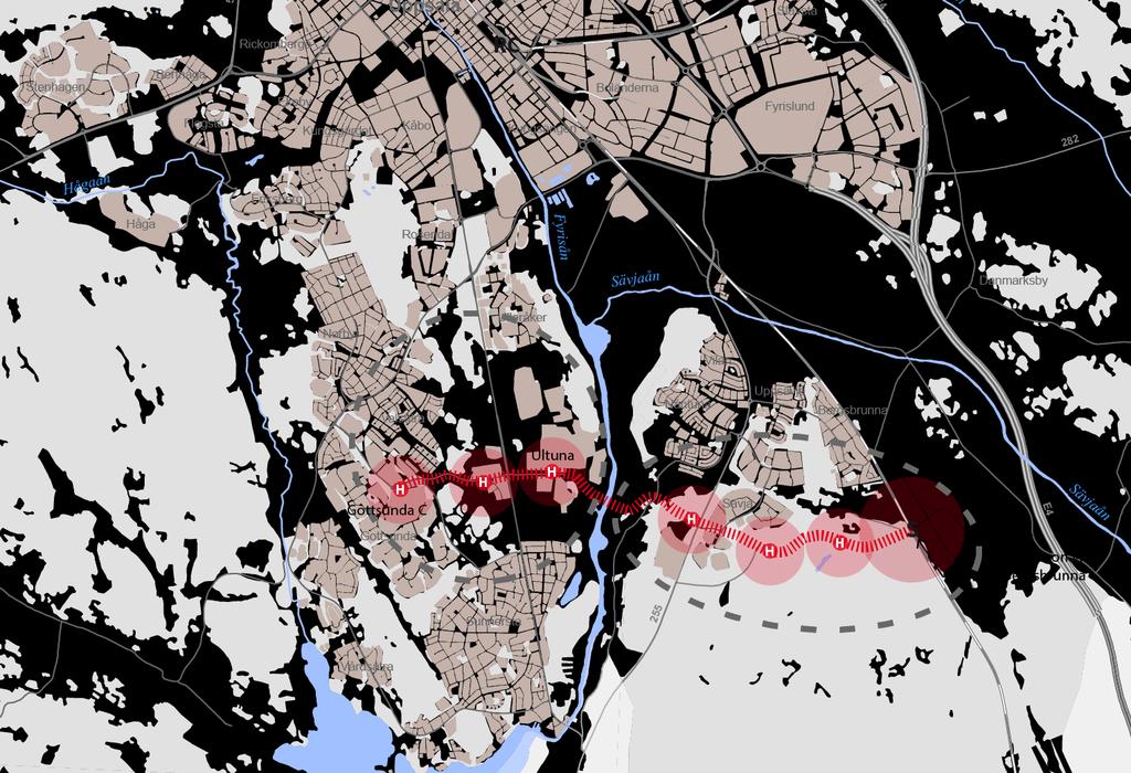 5 (12) Två nya områden i Uppsala med 33 000 nya bostäder Två områden ingår i förslaget (se figur 2). Utbyggnadspotentialen bedöms ligga på cirka 33 000 bostäder och cirka 10 000 20 000 arbetsplatser.