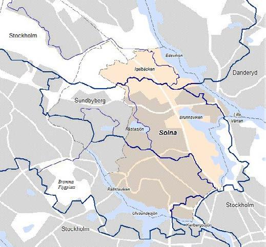 Mark- och vattenanvändning Mark- och vattenanvändning Vatten Solna omges till stora delar av vatten då huvuddelen av kommungränsen är dragen genom vattenområden och 11 procent av kommunens yta består