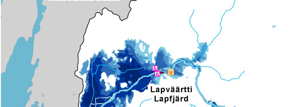 Objekt som är svåra att evakuera och som ligger inom det grova översvämningsområdet (1/1000 år) i Lappfjärds ås avrinningsområde( SYKE, Närings-, trafik- och miljöcentralerna; VTJ/VRK 4/2008) Då de