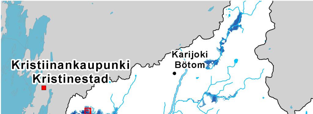 Bild 13. Objekt som kan orsaka akut förorening av miljön vid översvämningar i Lappfjärd ås avrinningsområde. På bilden finns de objekt, som ligger inom det grova översvämningsområdet.
