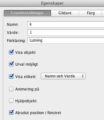 Visa algebrafönster, ritområde och kalkylblad Inställningar/Namn på objekt/alla objekt Inställningar/punktstyrning/På(rutnät) Sätt k = 1 och m = 1 Skriv längs ner på sidan Rita funktionen y = k x + m