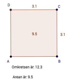 Exempel 4: Undersökning av area och omkrets Denna uppgift angör naturligt till följande centrala innehåll i matematik 1a: Egenskaper hos och representationer av geometriska objekt, till exempel