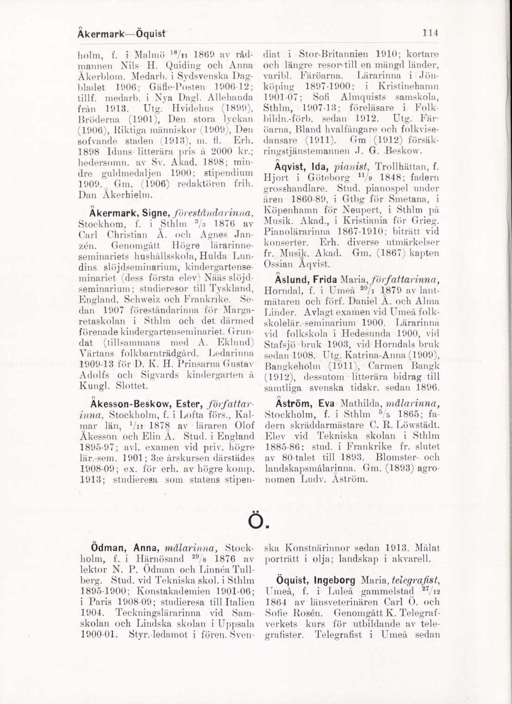 Åkermark Öquist 114 holm, f. i Malmö 18 /n I860 av rådmannen Nils H. Quiding och Anna Åkerblom. Medarb. i Sydsvenska Dagbladet 1906; Gäfle-Posten 1906-12; tillf, medarb. i Nya Dagl.