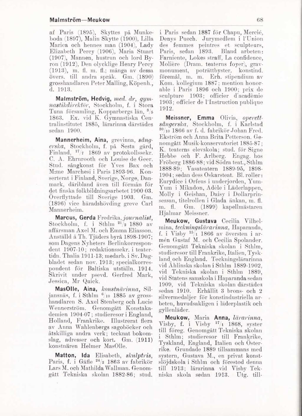 Malmström Meukow 68 af Paris (1895), Skyttes på Munkeboda (181)7), Malin Skytte (1900), Lilla Marica och hennes man (1904), Lady Elizabeth Percy (1906), Maria Stuart (1907), Mannen, hustrun och lord