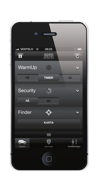 Värma - Ladda - Skydda ditt fordon via mobilen Styrning DEFA har utvecklat en App från vilken du kan styra bilvärmen, få stöldvarning om bilen förflyttas och spåra bilen på en karta direkt i din