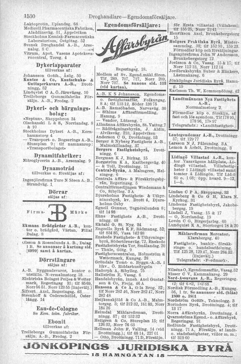 1530 Droghaudlare-> Egendomsförsäljars. Laktoprotin, Uplandsg. 68 I Egendomsforsäljare: I för Ersta villastad (Villahem); MedicollPharmaceut.iskaFabriken,. tlf 15525, Norr 2341 Aladdinsväg.