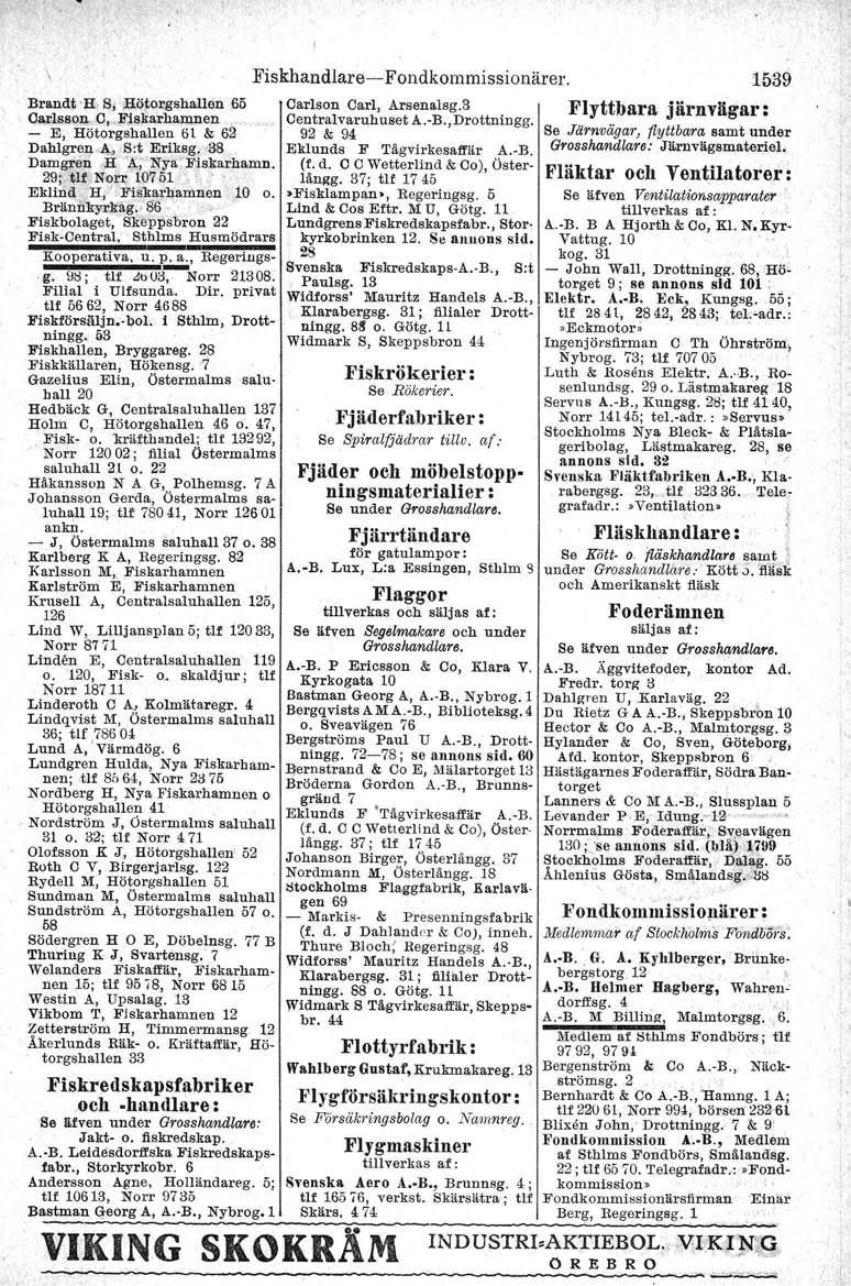 \.g. 9~; tlf dti03:--norr 21308. Filial i Ulfsunda. Dir. privat tlf 5662, Norr 4688 Fiskförsäljn. bol. I Sthlm, Drottningg. 53 Fiskhallen, Bryggareg, 28 Fiskkällaren, Hökensg.