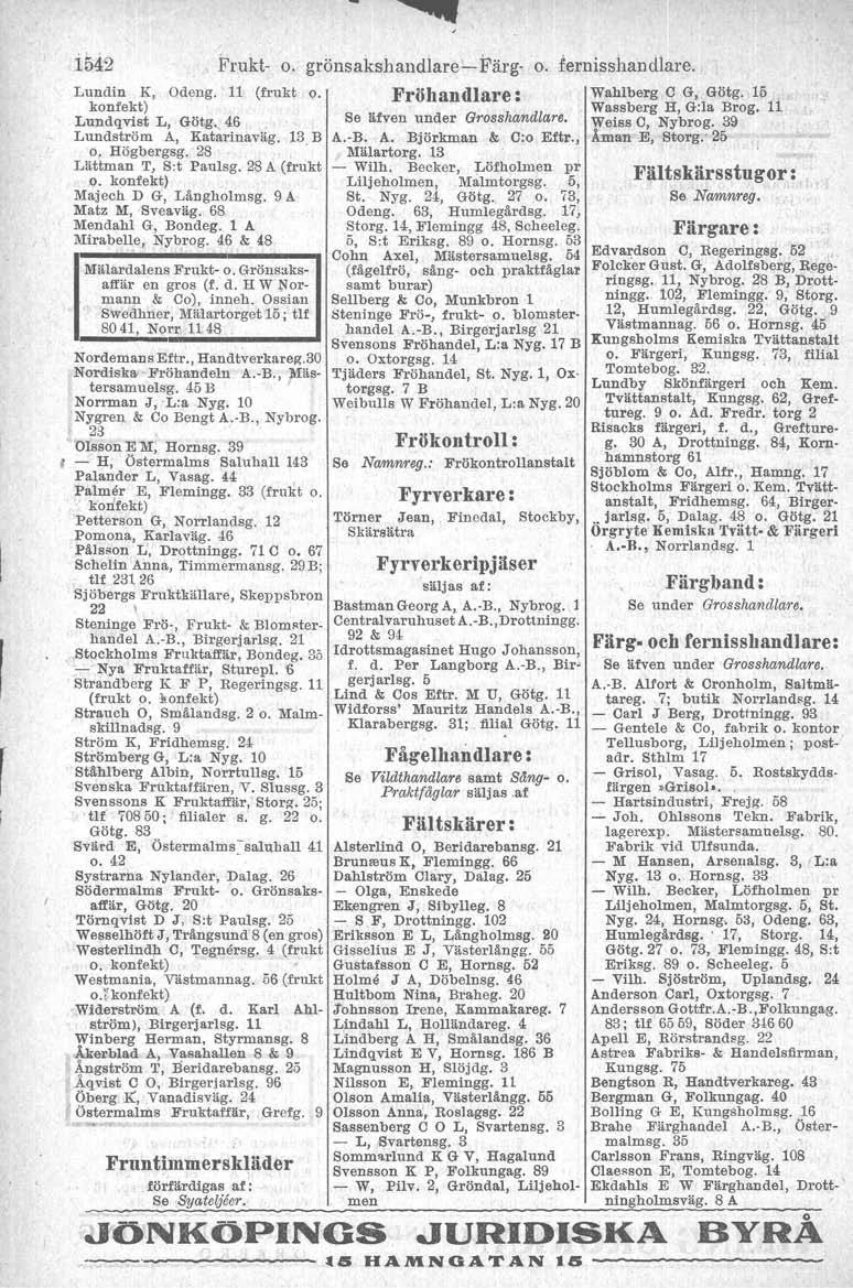 i542 Frukt- o. grönsakshaudlare->- Färg- o. fernisshandlare. Lundin K, konfekt) Lundqvist L, Götg..46 Lundström A, Katarinaväg. 13 B o. Högbergsg. 2S ' Lättman T, S:t Paulsg. 2SA (frukt o.