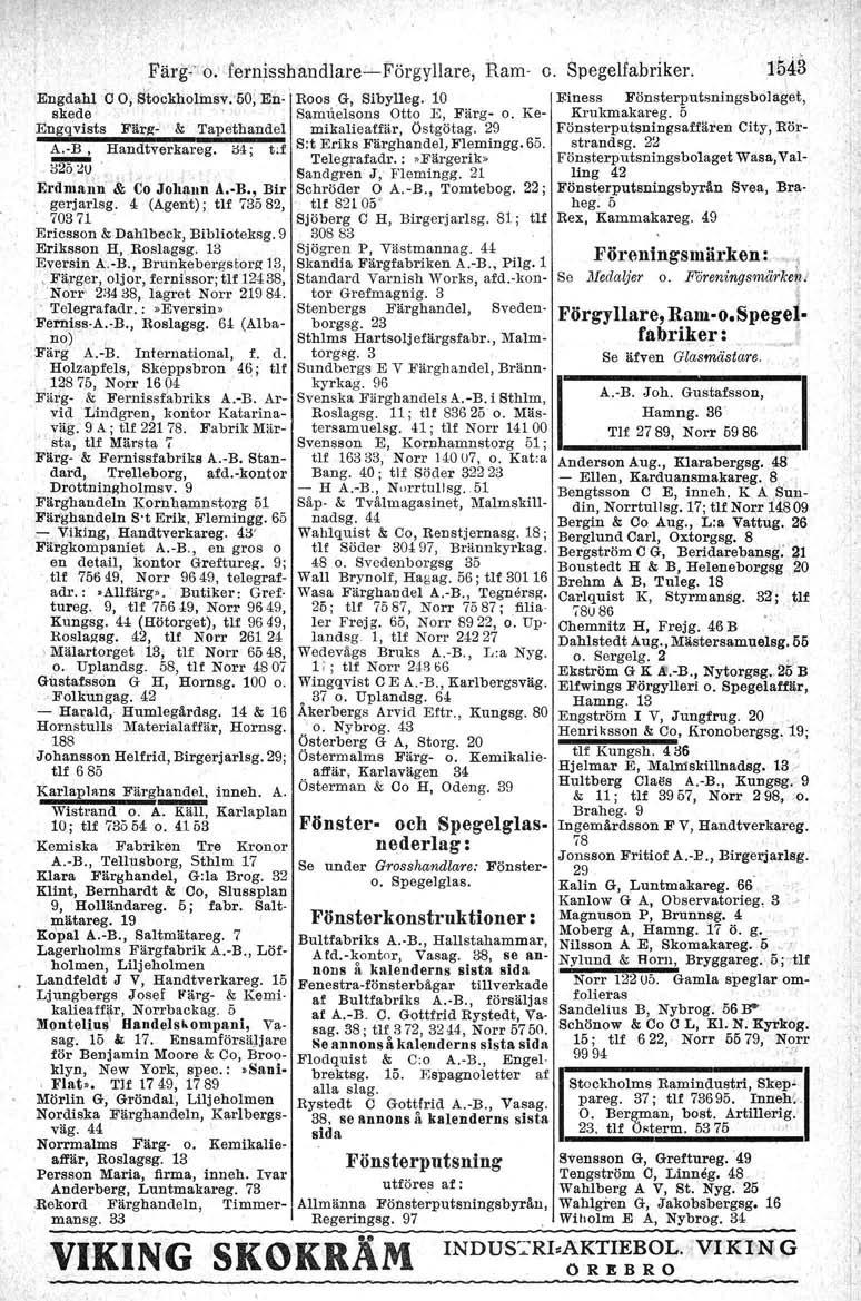 1&43 Färg," o: Iernisshandlare-> Förgyllare, Ram- o. Spegelfabriker. \ Finess Fönsterputsningsbolaget, Krukmakareg. 5 Fönsterputsningsaffären City, Rörstrandsg.