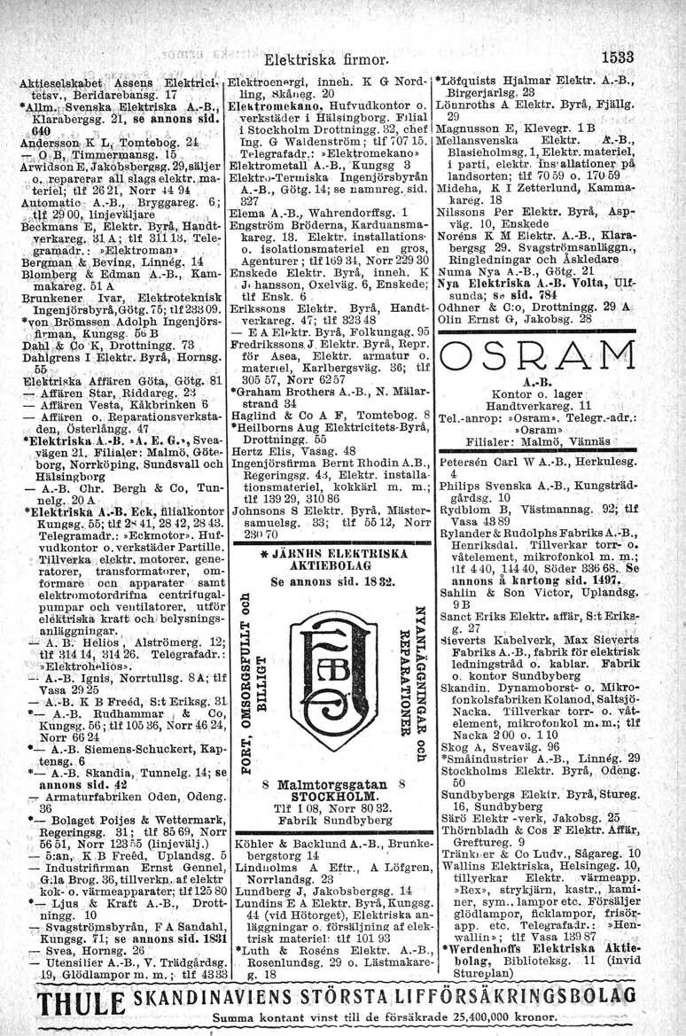 ,,"W~J,:i,.' Elektriska firmor. lis3 r\ 'J;f 7, -"~ ;1'., '. t, '1'. l "..' 'T;. '~t~.e"'~.isll~b~h."s~ers, :F;l~k. Fr,lcl; -Elektroenergt, inneh. K G Nord- 'I LÖfQUists Hjalmar E,:lektr. A.-B.
