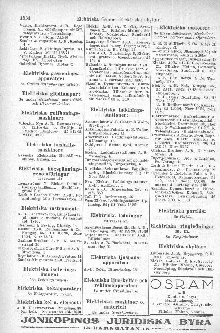 1534 Elektriska firmor-elektriska skyltar. Vertex Elektroverk A.-B., Rege Elektr. Å.-R.' 'Å. E. G, SV<la-' Elektriska motorer e ringsg. 31, Glödlampor; tlf 687, vägen 21.
