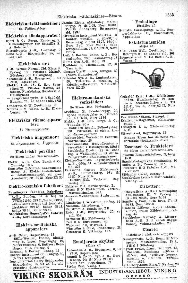 Elektriska tvättmaskiner-etsare. Elektriska tvättmaskiner: Järnhs Elektr. Aktiebolag, Malm- Se Tvättmaskiner. torgsg.8;' tu 108, Norr 8032. Fabrik 8undbyberg.