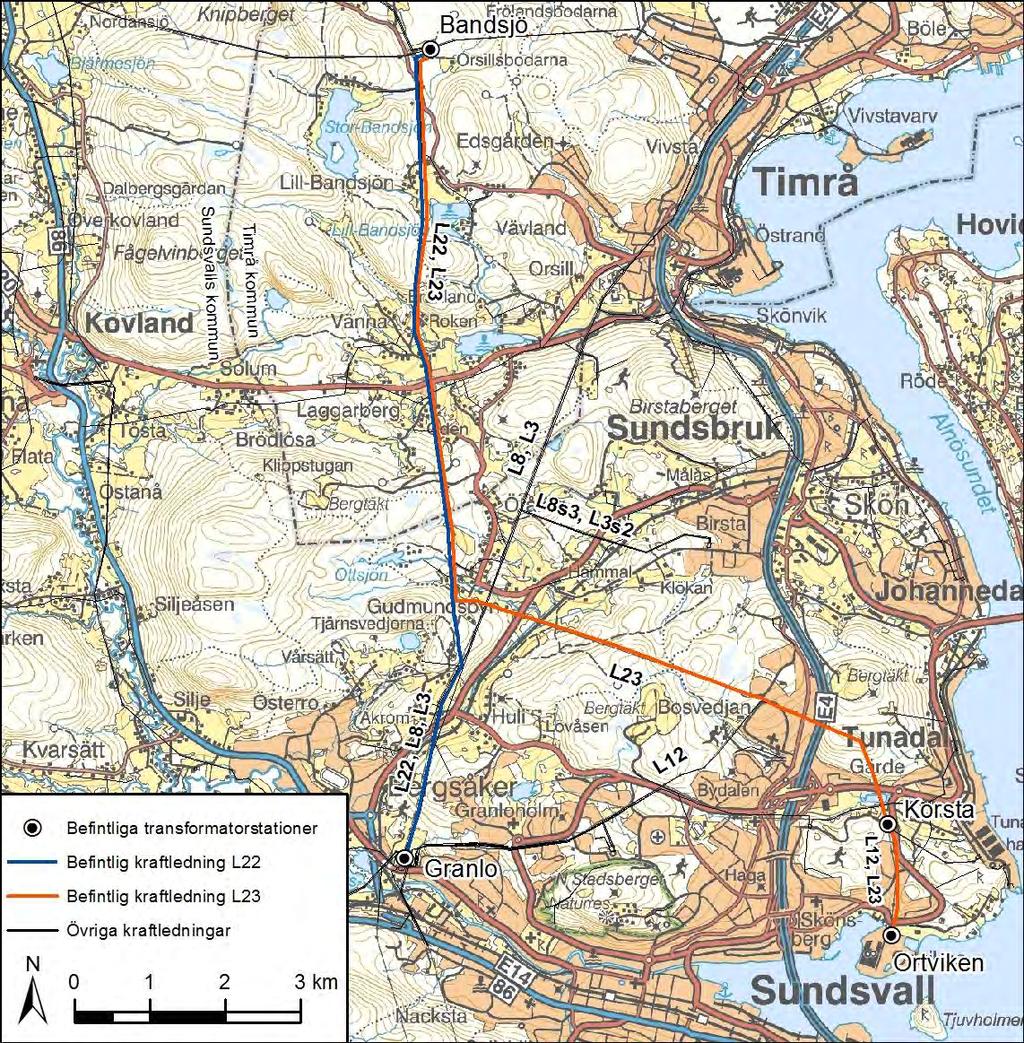 Figur 1.1. Befintliga ledningssträckningar för 130 kv ledningarna L22 och L23. 1.3 E.ON Elnät Sverige AB E.ON Elnät är dotterbolag till E.ON i Norden och är en av Sveriges största elnätsägare.