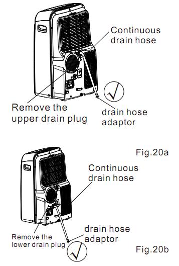 INSTALLATIONSINSTRUKTIONER Vattendränering -Under avfuktningsläget, ta bort den övre dräneringspluggen från baksidan av apparaten, installera dräneringskontakten ("5/8"-universell honkontakt) med en