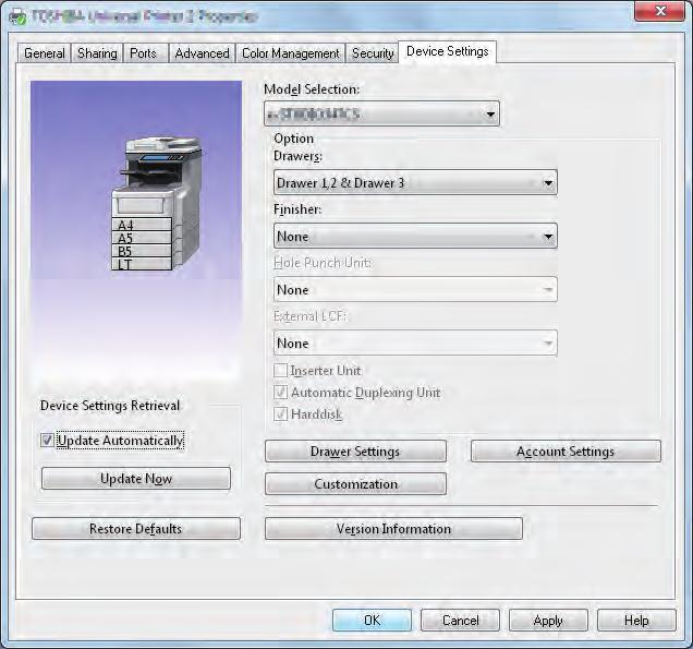 SKRIVA UT FRÅN WINDOWS Öppna flikmenyn [Enhetsinställningar] (Device Settings) och ställ in följande alternativ. Ställ in följande alternativ och klicka på [OK].