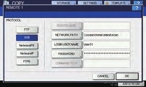 GRUNDLÄGGANDE KOPIERINGSFUNKTIONER LÖSENORD (PASSWORD): Tryck på denna knapp för att ange lösenordet för att logga in på FTP-servern. Anges om det behövs.