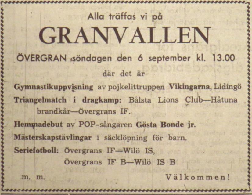Söndagen den 6 september 1964: Övergran Wilö 3 8 Halvtidsresultat 3-2.