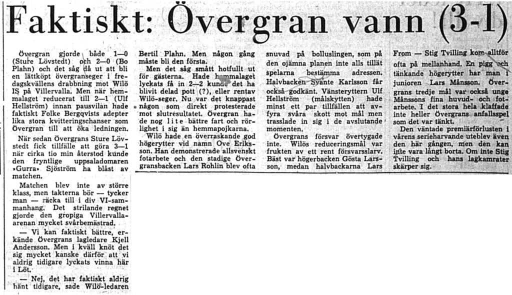 tabellens övre hälft. Det som Gryta presterade mot Wilö var inte mycket att hurra över, 2-1 segern över Wilö var mycket tursam. (EP 1966-05-24) Fredagen den 27 maj 1966, kl 19.