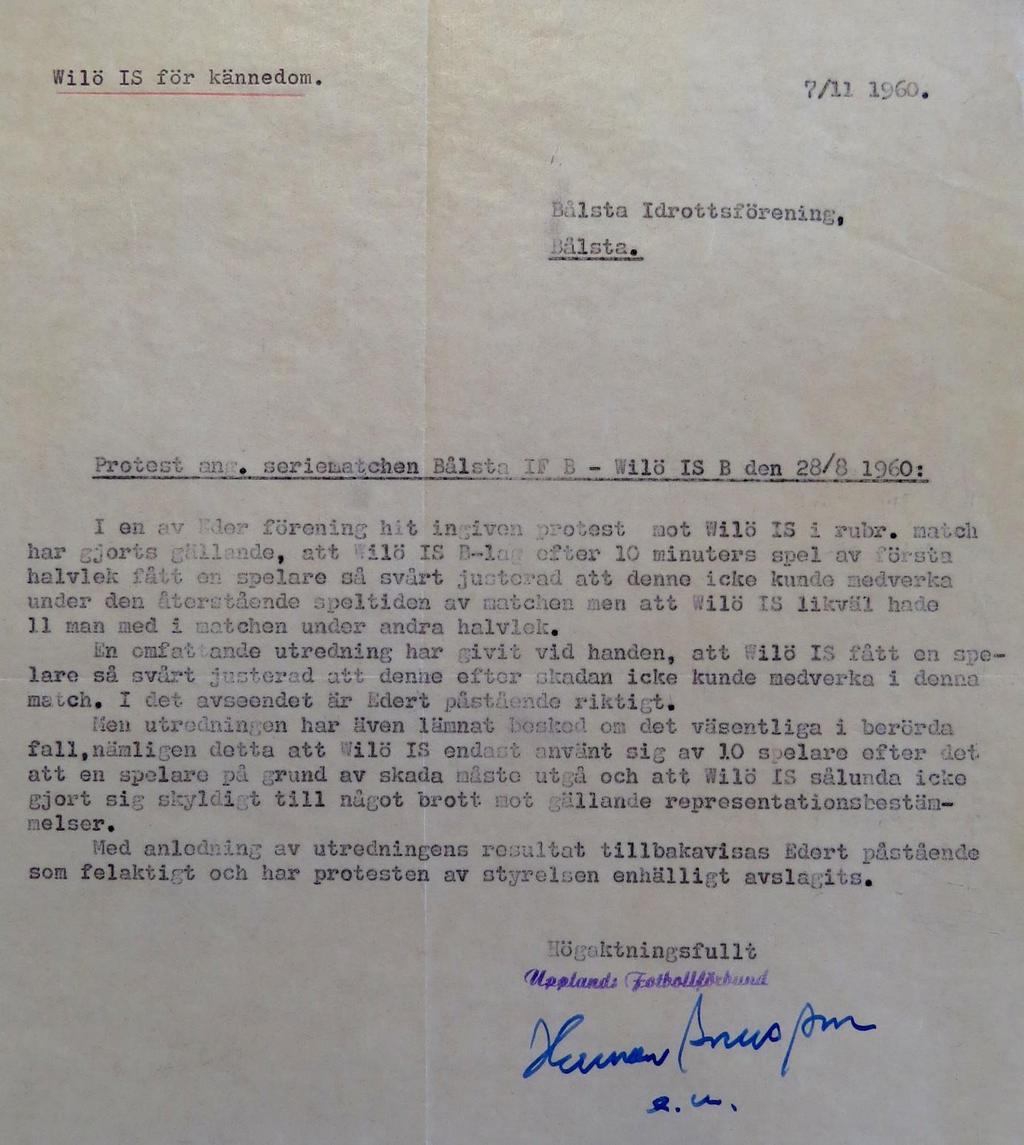 Söndagen den 4 september 1960, kl 16.00: Wilö B Grillby B 0-2 Halvtidsresultat 0-0.
