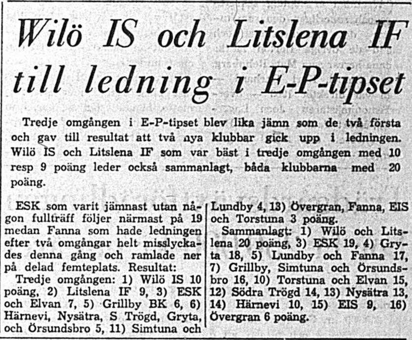 Måndagen den 18 maj 1964, kl 16.00: Gryta Wilö 5 3 Halvtidsresultat 1-3.