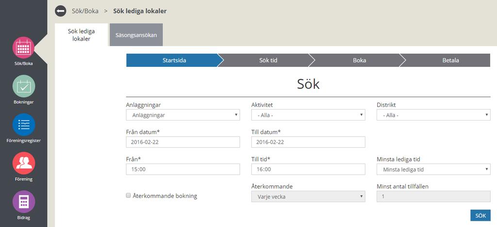 2.5 Sök en återkommande tid 5. Loggar in 6. Välj menyn Boka 7. Välj Sök lediga lokaler (följande bild visas) Sökurval för sökning av ledig tid Urvalen går att kombinera.