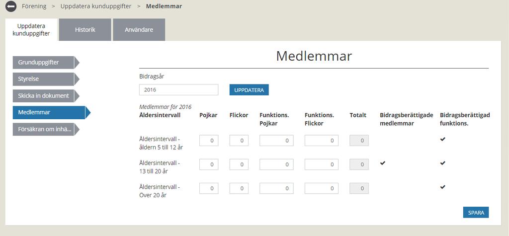 3.6 Föreningens medlemmar Inloggad som föreningsansvarig ska man en gång per år registrera föreningens medlemmar efter en viss åldersindelning.