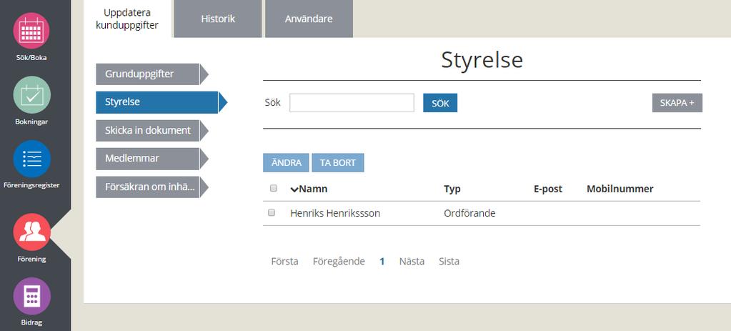 3.9 Föreningens styrelse Inloggad som föreningsansvarig ska man kunna registrera, ändra samt radera sin förenings alla styrelsemedlemmar.