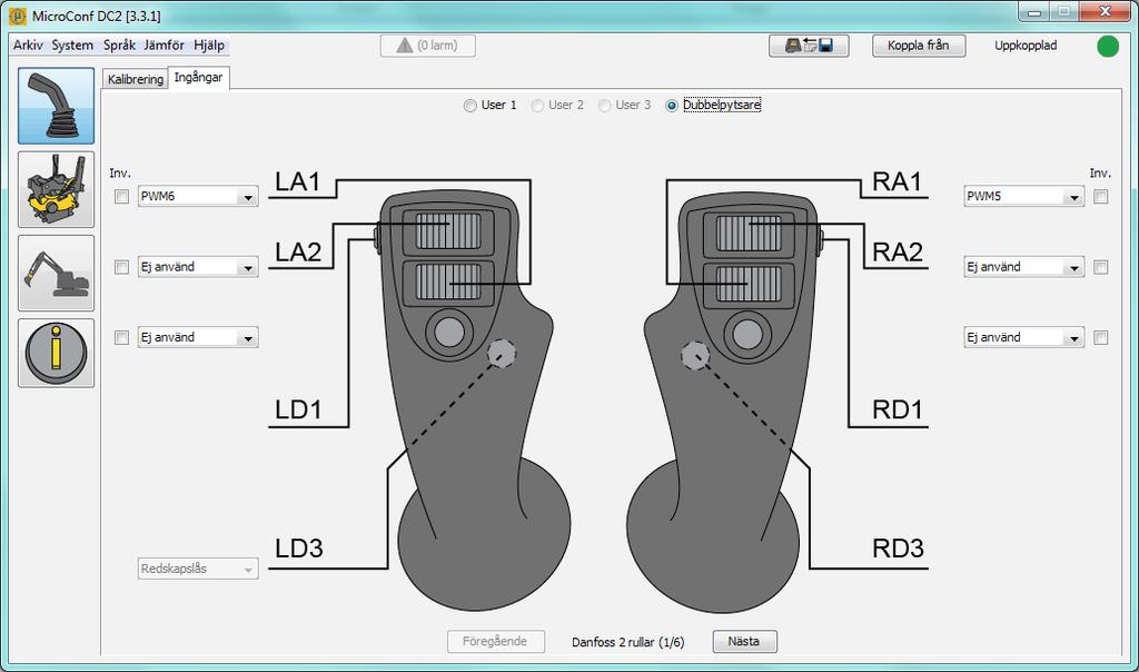 engcon DC2 3. Kalibrera maskinens spakingångar Nu är det dags att kalibrera maskinens spakingångar. Välj fliken Ingångar i spakfönstret och välj användarbanken för Dubbelpytsare.