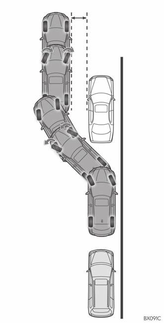 1. LEXUS BACKKAMERA 4. FICKPARKERING BILENS RÖRELSER, METOD <Tillvägagångssätt> Håll bilen parallell med vägen, stanna bilen med ett avstånd på cirka 1 m mellan din bil och den parkerade bilen.