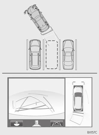 2. 360 -MONITOR PARKERING ANVÄNDA BERÄKNAD KURSLINJE När du parkerar i ett utrymme som ligger i motsatt riktning mot utrymmet som beskrivs nedan ska ratten vridas åt motsatt håll.