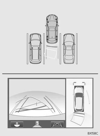 3 När bilens bakre läge har kommit in på parkeringsutrymmet ska du vrida ratten så att hjälplinjerna som visar bilens bredd befinner sig innanför parkeringsutrymmets vänstra och högra