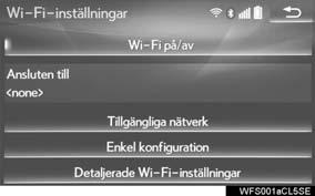 1 Tryck på knappen MENU på Remote Touch. 2 Välj Inställning. Wi-Fi INSTÄLLNINGSSKÄRM Nr. Funktion Sida Tryck för att sätta på/ stänga av Wi-Fi -funktionen.