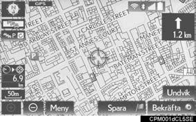 1. GRUNDLÄGGANDE FUNKTION STADSKARTA Stadskartan finns tillgänglig för vissa större städer. Om kartskala på 50 meter är vald ändras kartvisningen till stadskartan i antingen 2D eller 3D.