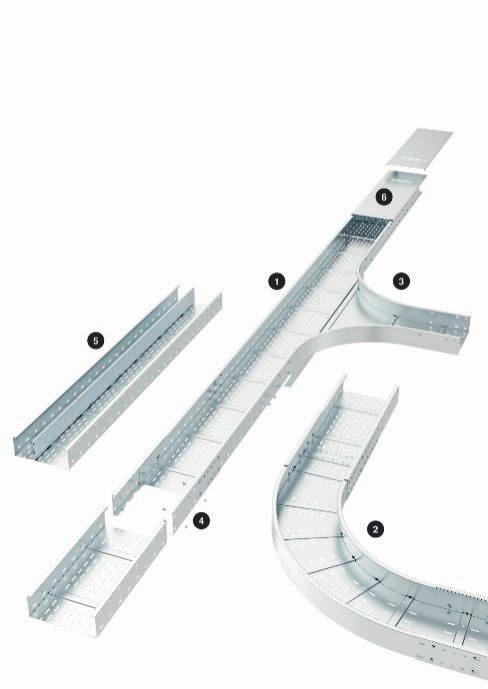 Installationsprincip självbärande system kabelränna Systemkomponenter Självbärande kabelränna 2 Böj 90 3 T-stycke 4 Skarvförbindning 5