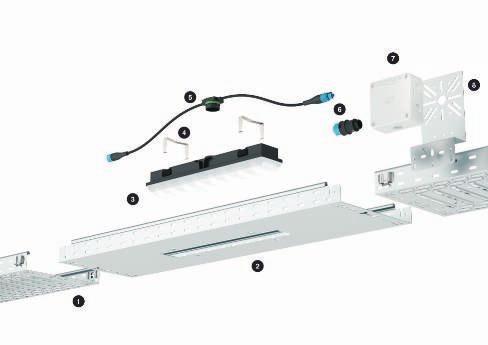 Installationsprincip kabelförläggningssystem med inbyggd LED-modul Systemkomponenter abelränna 2 abelränneadapter LED 3 LED-modul 4 Armaturklaer 5 Matning LED-modul 6