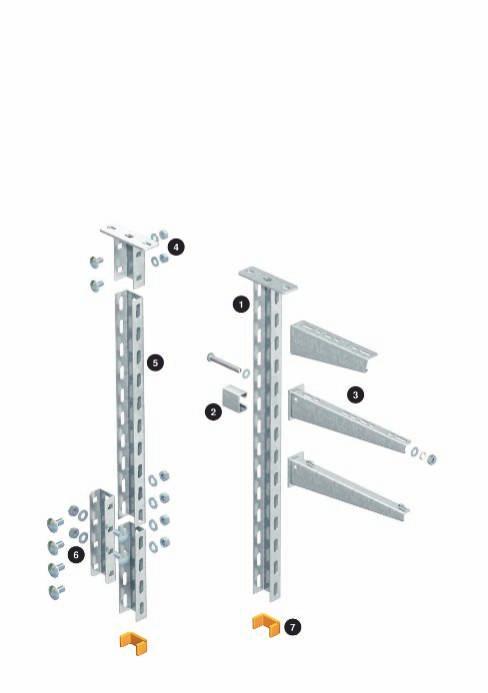 Installationsprincip U-pendelfäste US 3 Systemkomponenter US 3-takpendel 2 Distansstycke 3 Vägg- och pendelkonsol 4 Huvudplatta 5 US 3-pendel 6