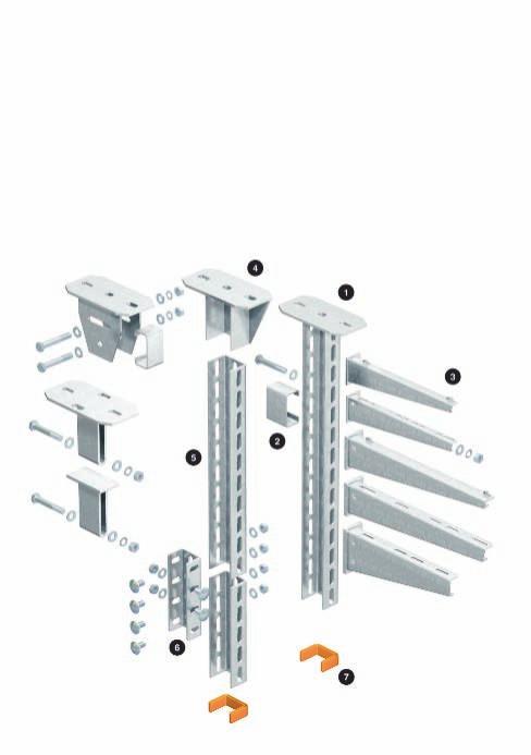 Installationsprincip U-pendelfäste US 7 Systemkomponenter US 7-takpendel 2 Distansstycke 3 Vägg- och pendelkonsol 4 Förstärkt takfäste 5 US 7-fäste