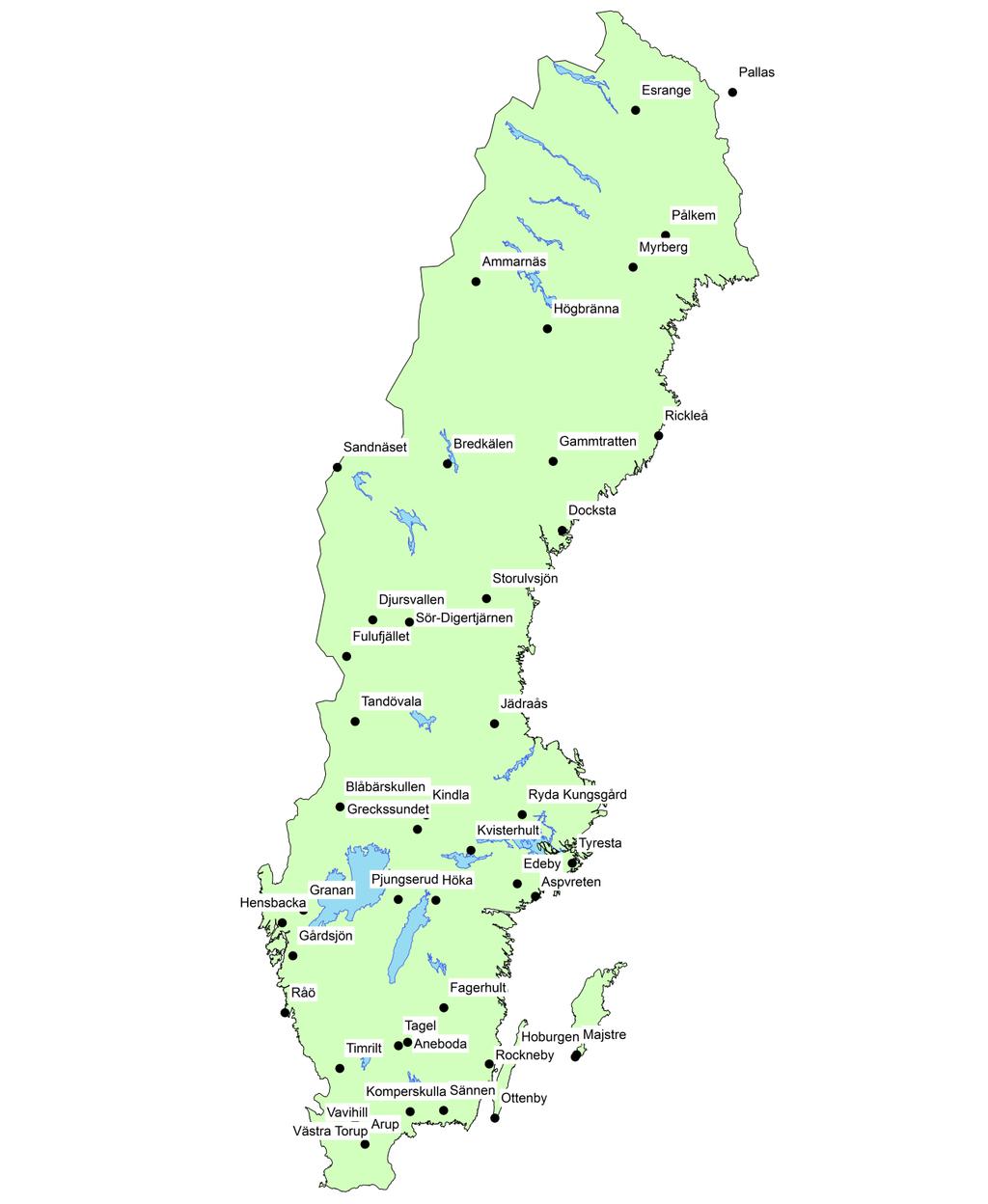 Nederbörd Figur 2 Mätstationerna för Nederbörd inom EMEP, Krondroppsnätet, LNKN och IM som ingår i den nationella miljöövervakningen (för mätstationernas programtillhörighet, se Bilaga