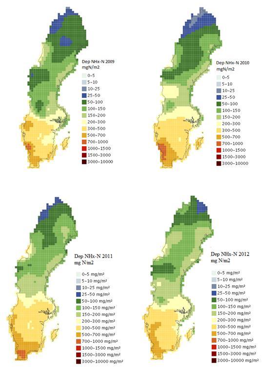 Figur 75 Totaldeposition av reducerat kväve år 2009 till 2012.