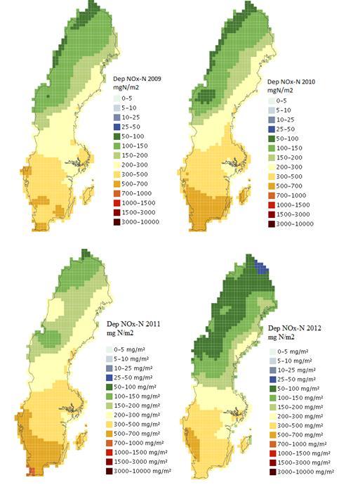 Figur 77 Totaldeposition av oxiderat kväve år 2009 till 2012.