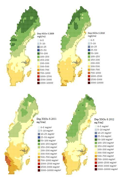 Figur 79 Totaldeposition av svavel exkl. havssalt år 2009 till 2012.