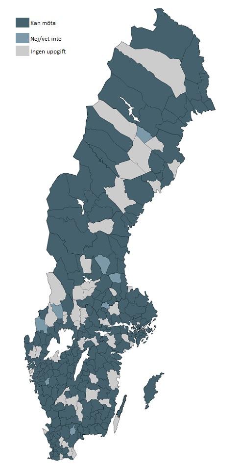 Figur 3. Kommuner vars socialtjänst inför kartläggningen uppgav att de kommer i kontakt med eller kan möta hemlösa EU- och EES-medborgare, oktober 2016 februari 2017.