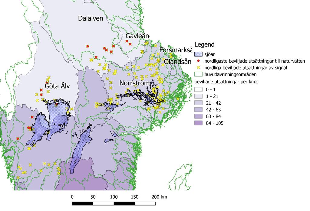 26 RISKANALYS AV SIGNALKRÄFTA I SVERIGE Figur 10. Beviljade utsättningar av signalkräfta baserat på utsättningsbeslut hos Fiskeriverket eller Länsstyrelser.
