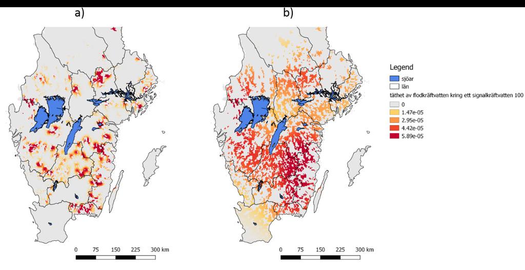 40 RISKANALYS AV SIGNALKRÄFTA I SVERIGE Figur 18. Medelavstånd till flodkräftvatten viktat med en funktion klingar av med avstånd från signalvatten som är hög inom a) 25 km och b) 100 km.